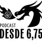 Logo del podcast Desde 6.75 con un dragón negro lanzando un balón de baloncesto