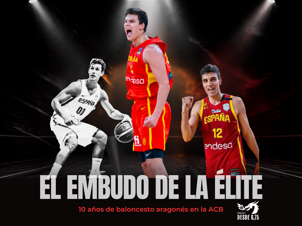 Composición fotográfica que muestra la evolución de los jugadores aragoneses ACB, con Rodrigo San Miguel, Jaime Pradilla y Lucas Langarita sobre un fondo de pabellón oscuro.